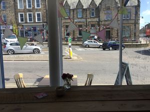 Inside looking out  at Moments Cafe in Barnard Castle