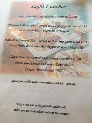 Light lunch menu  at Moments Cafe in Barnard Castle