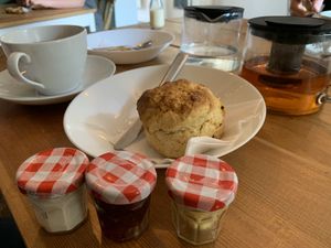 Fruit scone, spread, jam and cream  at Moments Cafe in Barnard Castle