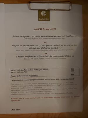 Menu du jour auquel on peut ajouter les protéines at La Clairière in La Petite-pierre