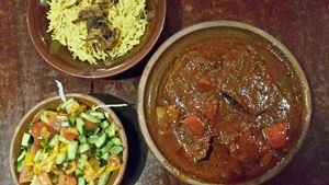 Vegan moussaka (eggplant/aubergine) with rice and salad at El Attar Middle Eastern Grill in Toowoomba