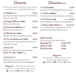 Dessert menu at El Attar Middle Eastern Grill in Toowoomba