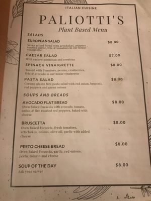 Plant based menu 1 at Paliotti's Italian Restaurant in Maple Ridge
