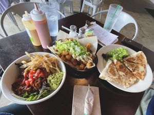 Taco bowl, tot nachos and veg quesadilla  at Kayak Kafe - Midtown in Savannah