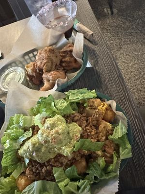 Nacho taters, cauliflower wings, Santa’s Helper  at Kayak Kafe - Midtown in Savannah