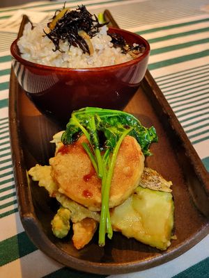 Set meal side one seasonal vegetables with brown rice platter at Bananeira in Yokohama