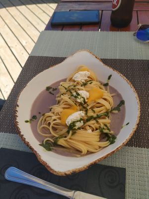 Pasta with vegetables from the season with pesto at Terra Restaurant in Sagres