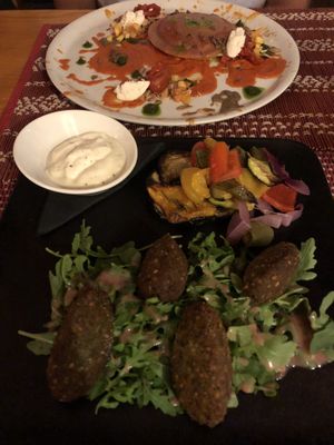 Amazing vegan raviolo with black bean/ Falafel with best vegan mayo:P at Terra Restaurant in Sagres