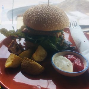 Nutty tempeh burger with peanut sauce (vegan mayo on the side) at Everflow in Koh Chang