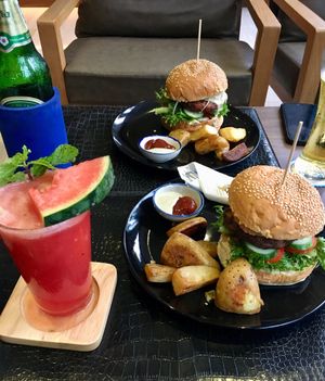 Kidney Wasabi Wonder and Magical Mushroom burger served with potato wedges and vegan Mayo. at Everflow in Koh Chang