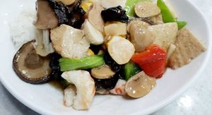 Veggie rice with mixed seafood - close-up of seafood imitations at Taehwawon 태화원 in Incheon