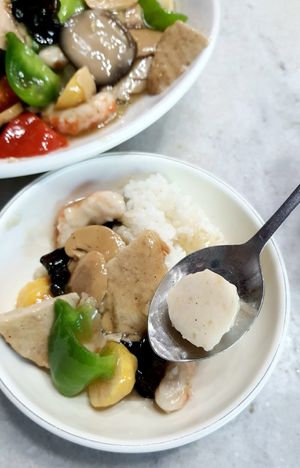 Veggie rice with mixed seafood - close-up of vegan fishcake at Taehwawon 태화원 in Incheon