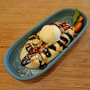 Vegan banana split at Cafe Des Amis in Canterbury