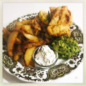 Banana blossom vish n chips at Karmic Cakery in Berwick-upon-tweed