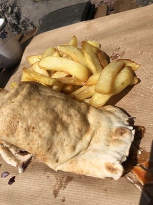 Donner wrap and fries  at Karmic Cakery in Berwick-upon-tweed