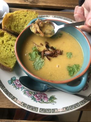 Parsnip soup with parsnip crisps   at Karmic Cakery in Berwick-upon-tweed