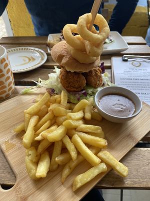 Fried mushroom burger: quite good. The ‘burger’ is made of fried whole mushrooms (champignons)  at Karmic Cakery in Berwick-upon-tweed