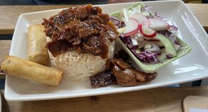 Mongolian no beef: sooo good! Very tasty sauce and meaty structure. The fried rolls are very tasty as well.  at Karmic Cakery in Berwick-upon-tweed