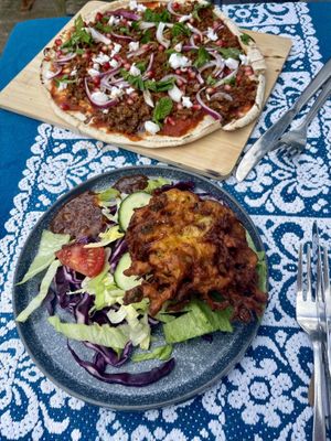 Onion Bhaji and Turkish Flatbread  at Karmic Cakery in Berwick-upon-tweed