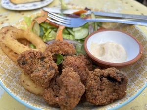 Breaded mushrooms and onion rings   at Karmic Cakery in Berwick-upon-tweed