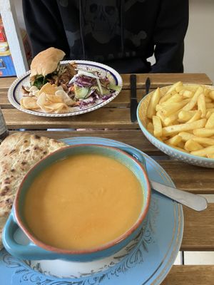 Soup w naan and pulled mushroom burger and chips to share  at Karmic Cakery in Berwick-upon-tweed