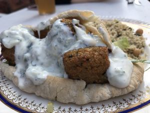 Falafel and cous cous with tsatziki at Karmic Cakery in Berwick-upon-tweed