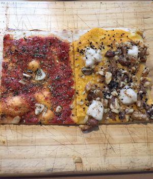 Two vegan pizzas - both delicious.  at Il Fornaccio in Arzua