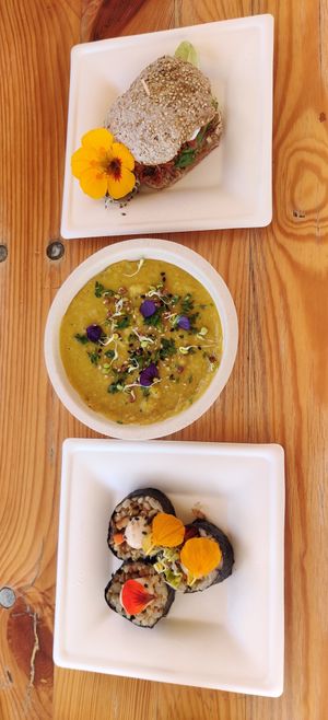 Top: BBQ Jackfruit mini montadito. Middle: Dhal with coconut milk. Bottom: sushi teriyaki at AguaViento WaterWind - Food Truck in Cadiz