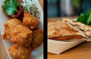 Wads de lenteja roja y empanada de chorizo calabaza at AguaViento WaterWind - Food Truck in Cadiz