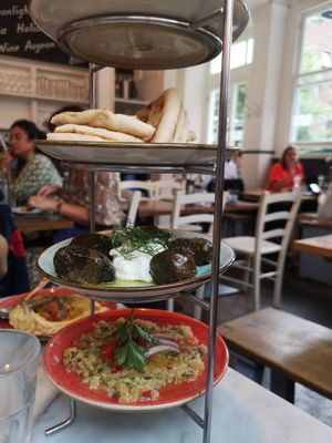 Flatbread, dolmades (non-vegan), melitzanosalata and Santorini fava at The Real Greek - Covent Garden in London