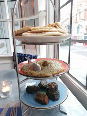Flatbread, dolmades, aubergine at The Real Greek - Covent Garden in London