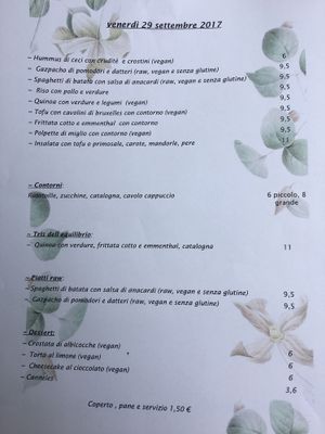 menu from the restaurant  at Centro Botanico in Milan