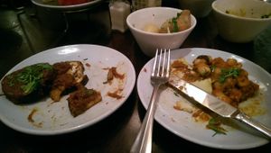 Aubergine, new potatoes, butter beans at The Real Greek - Stratford in East London