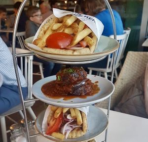 Jackfruit Gyros with Garlic Aioli and Grilled Aubergine in Tomato Sauce  at The Real Greek - Westfield London in West London