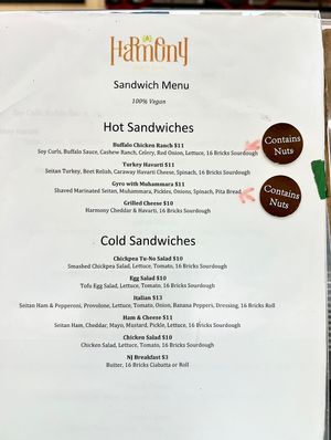 Harmony Plant Fare: current sandwich menu  at Harmony Plant Fare in Cincinnati