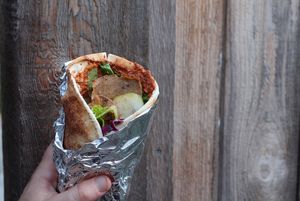 Gyro with Muhammara at Harmony Plant Fare in Cincinnati