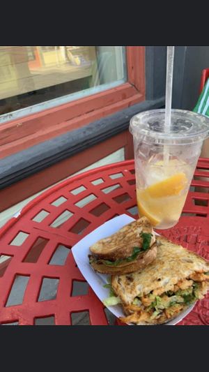 Buffalo “chicken” bottom half of sandwich.  TLT on top... at Harmony Plant Fare in Cincinnati