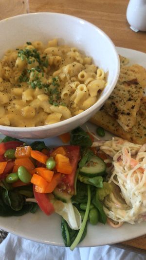 Mac and Scheeze with garlic bread. Delicious !  at Bluestone Coffee Shop in Barrhead