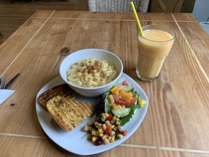 Vegan macaroni cheese and tropical smoothie  at Bluestone Coffee Shop in Barrhead