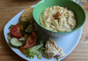 Mac and cheese with garlic bread and side salad at Bluestone Coffee Shop in Barrhead