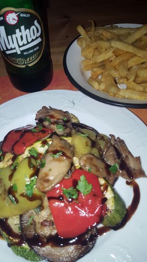 Grilled veg and chips at Captain's in Mykonos