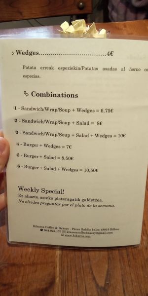 Carta 1/3 opciones veganas at Kikarea Coffee & Bakery in Bilbao