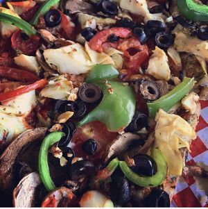 Veggie pizza no cheese at Blue Dog Gourmet Pizza in South Lake Tahoe