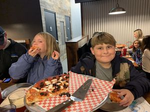 Kids love vegan pizza! at Blue Dog Gourmet Pizza in South Lake Tahoe