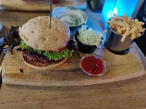I had an amazing moving Mountains burger, gries, AND Ice ream with my brownie. Everything was amazing, but the burger was probably one of the best ones I've ever had. The brownie h at Zeil Kitchen in Frankfurt