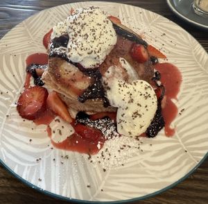 Strawberry Pancakes from the breakfast menu (Dec 2023)  at Four Seasons Bistro in Mittagong