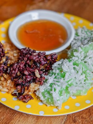 Crispy rice and rice cakes with jasmie sugar syrup at Kippysnacks Thai Supper Clubs in East London