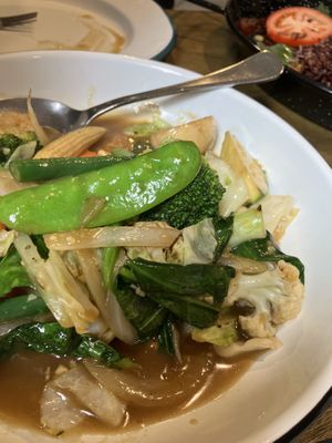 Mushroom oyster stir fry with tempeh  at Little Turtle in Enmore