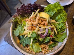 Love salad $24.90: DELISH w/a sweet, salty, sour, tangy, mild spice dressing, great crispy tofu crumbles, delish celery leaves, mint, green apple matchsticks, cashews, lettuce at Little Turtle in Enmore