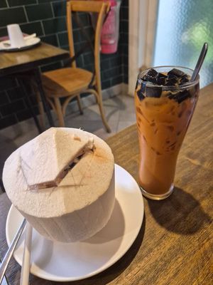 Thai milk tea w/grass jelly squares $7.90: good, bit of chocolate taste, delish grass jelly; Fresh coconut at Little Turtle in Enmore